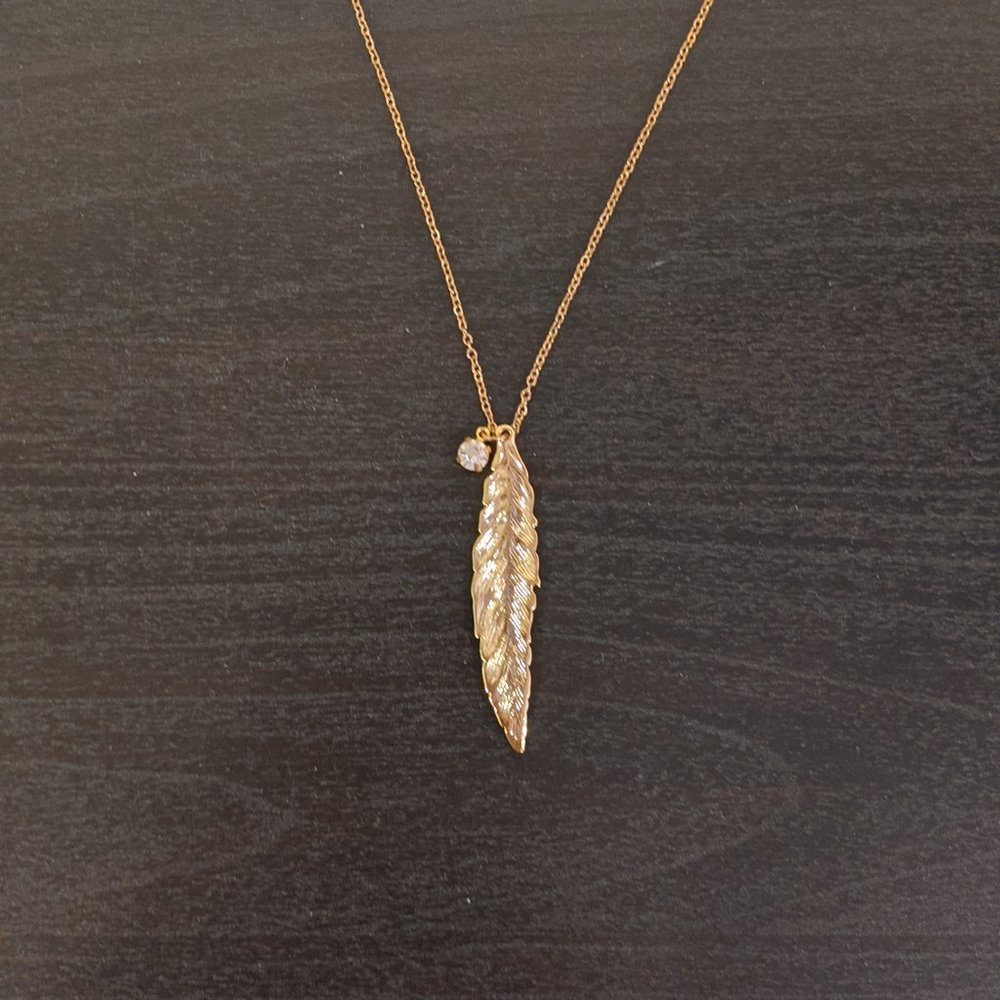 Gold Feather Necklace with Crystal Gem